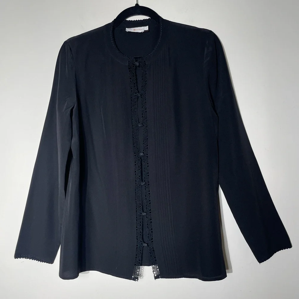 Tory Burch Blouse Black Button Down 100% Silk Sheer Sz 4 Long Sleeve Top Crochet